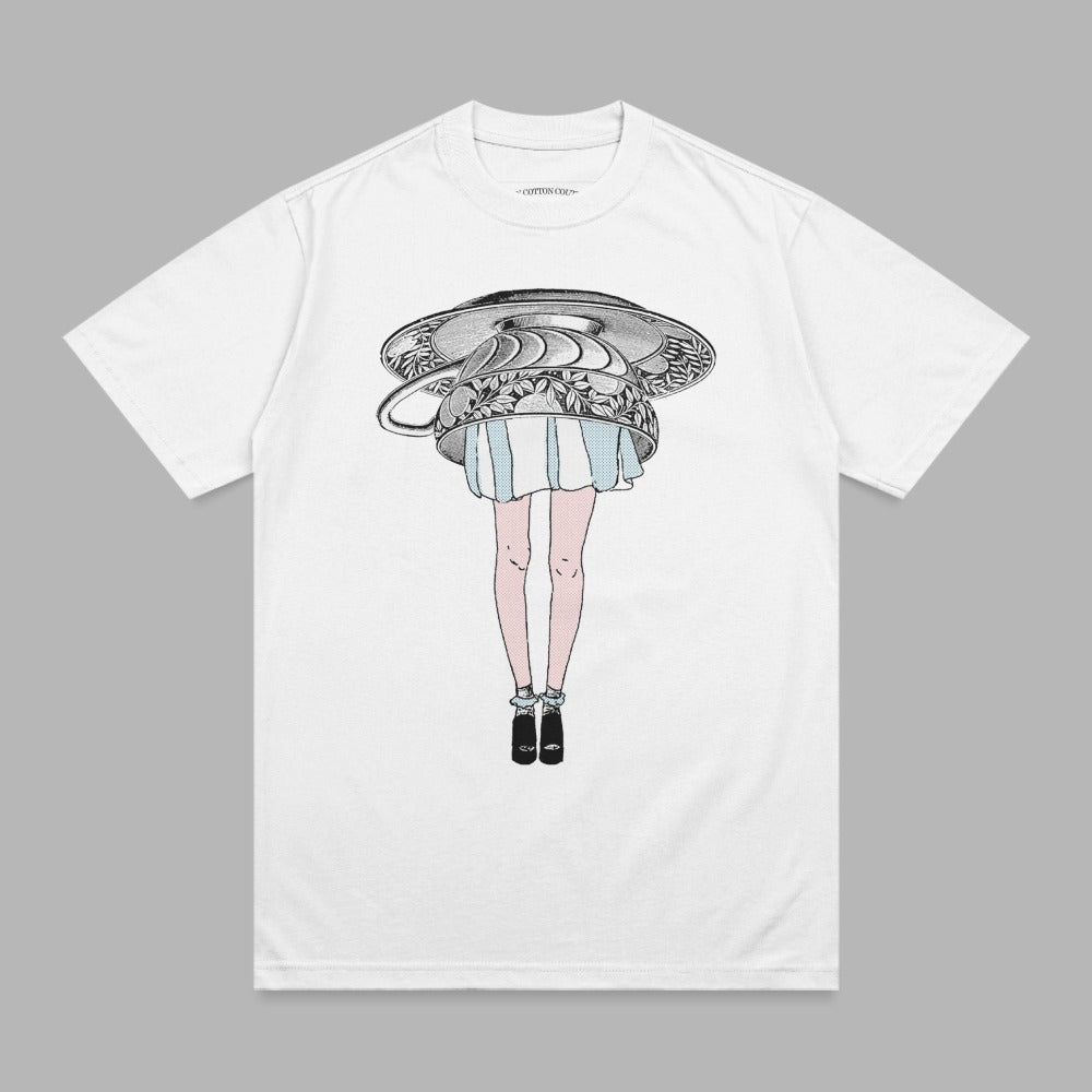 T-shirt with illustration of legs in heels and a hat.