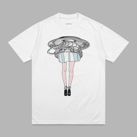T-shirt with illustration of legs in heels and a hat.