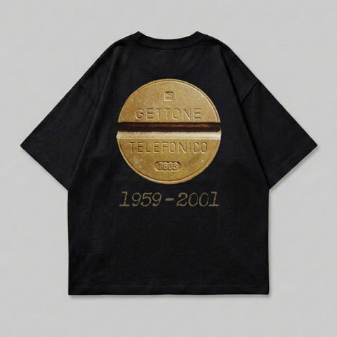 Black t-shirt with vintage Telefonica coin graphic and "1959-2001" text.