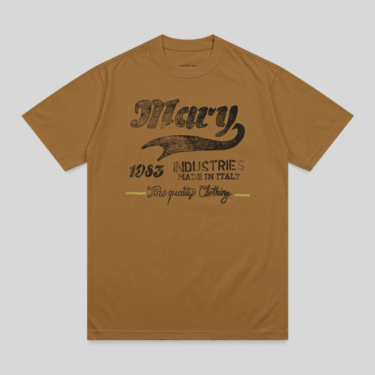 Brown t-shirt with "Mary 1953 Industries" and "Fine quality Clothing" text.