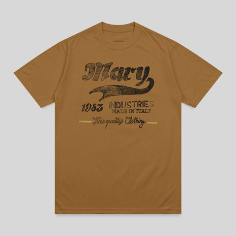 Brown t-shirt with "Mary 1953 Industries" and "Fine quality Clothing" text.