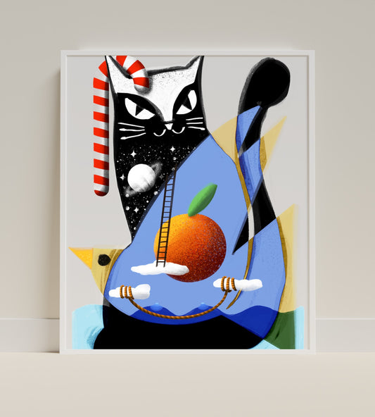 Cosmic Cat with Orange Wall Art Print for Sale