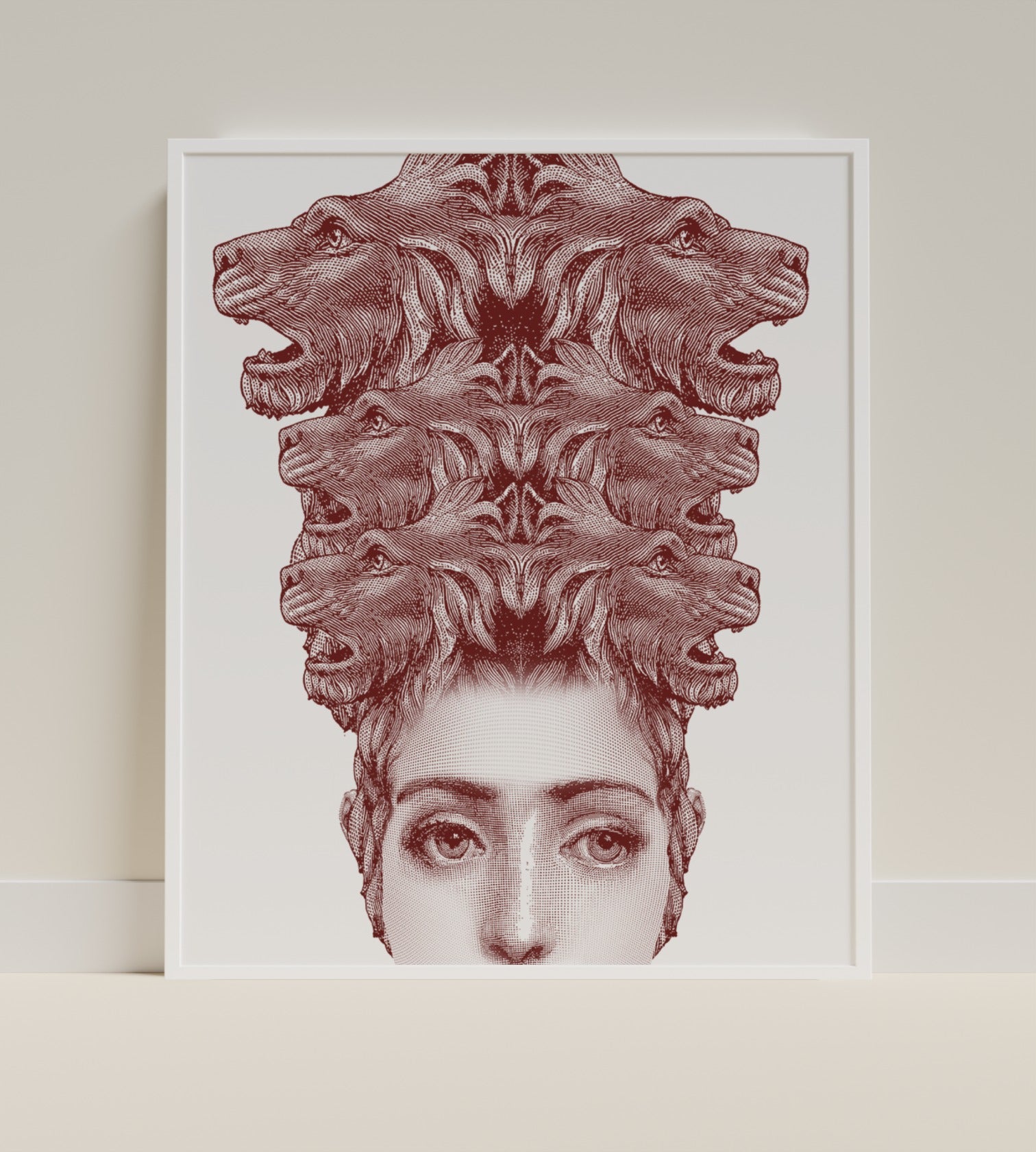 Surreal Face and Roaring Lions Art Print for Wall Decor