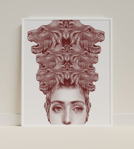 Surreal Face and Roaring Lions Art Print for Wall Decor