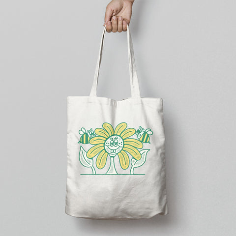 Yellow Flower With Bees Design on Tote Bag