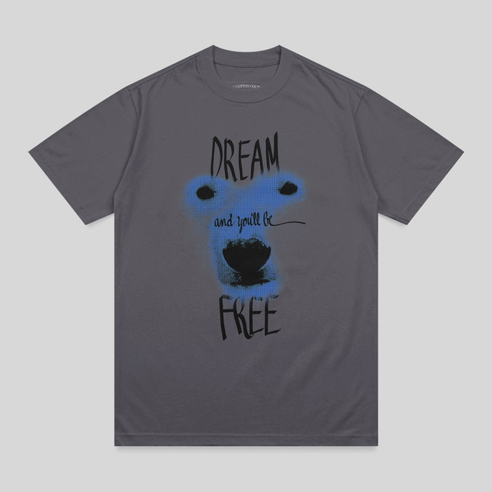Gray t-shirt with abstract blue bear face and "DREAM and you'll be FREE" text.