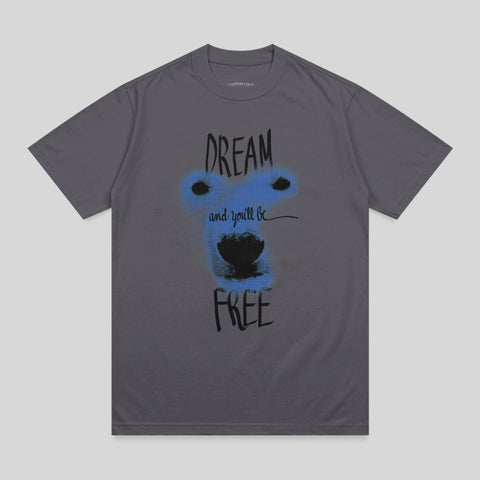 Gray t-shirt with abstract blue bear face and "DREAM and you'll be FREE" text.