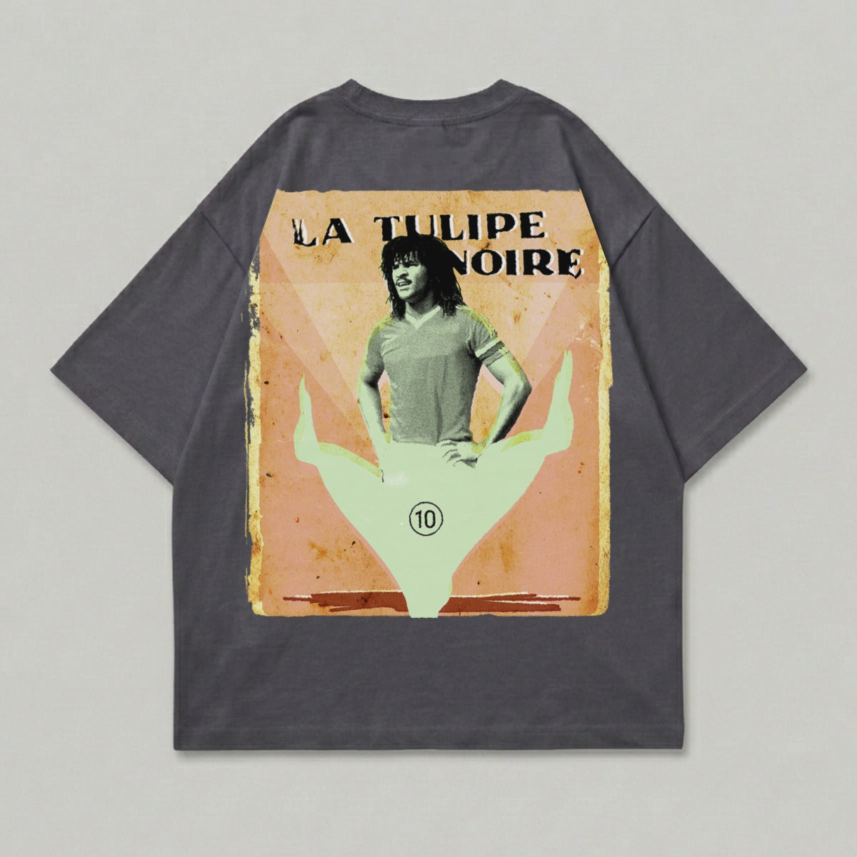 Dark grey t-shirt with vintage graphic of "La Tulipe Noire" and a man.