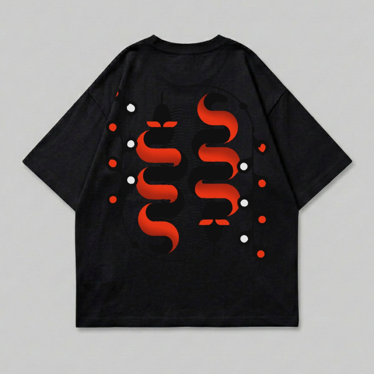Black tee red wavy design white red dots product type