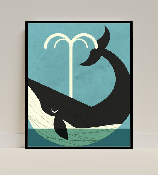 Happy Whale Spouting Water Ocean Art Print Decor