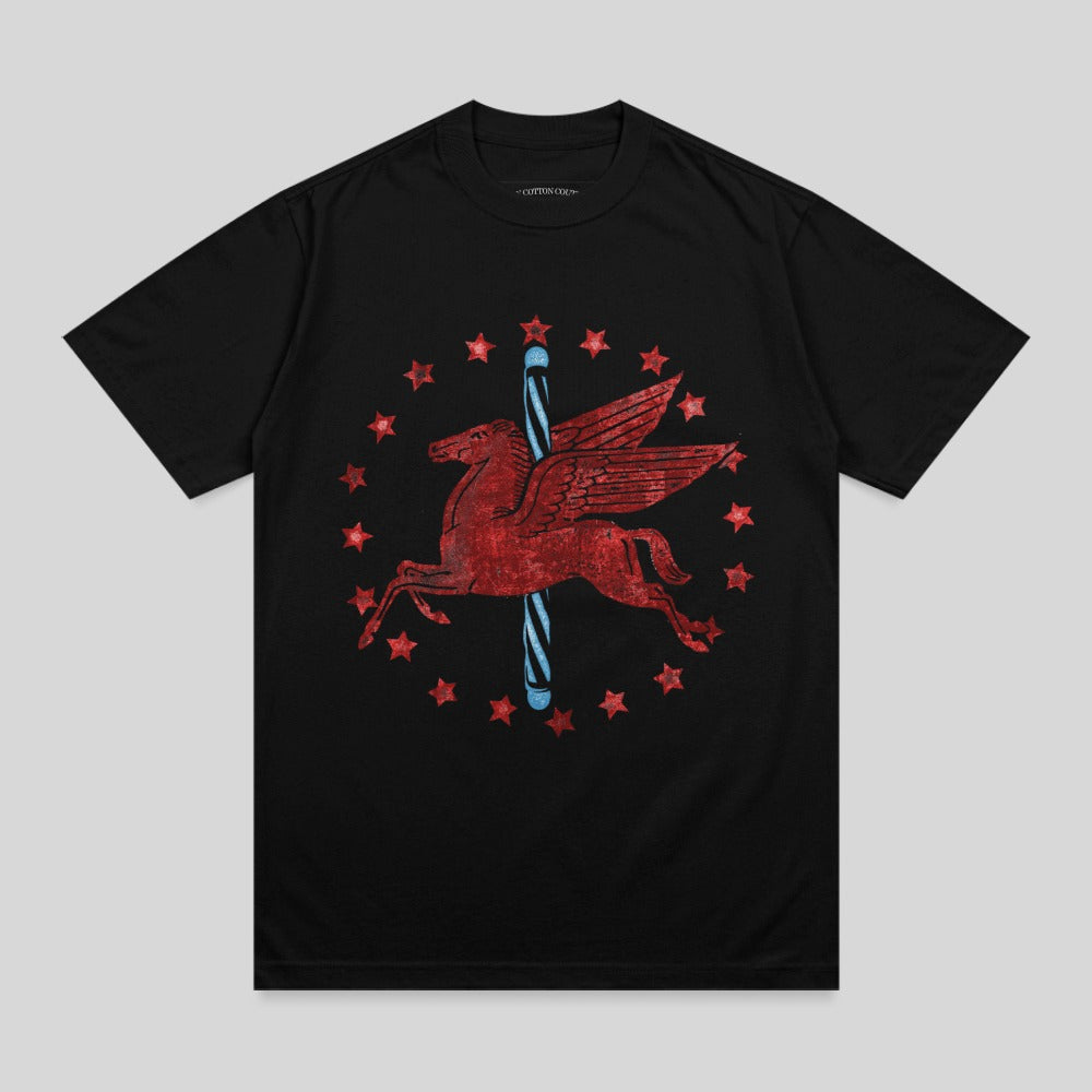 Black t-shirt with winged horse and stars graphic.