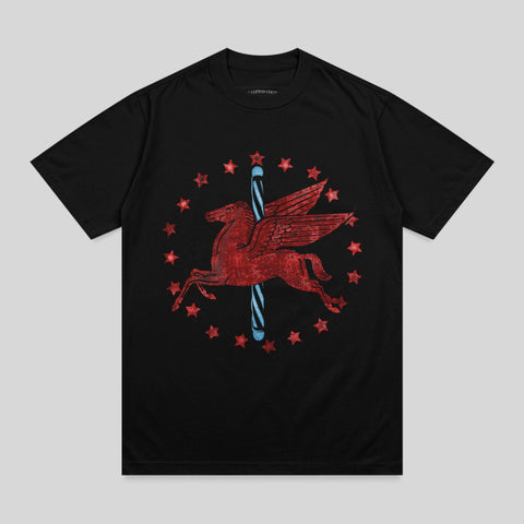 Black t-shirt with winged horse and stars graphic.