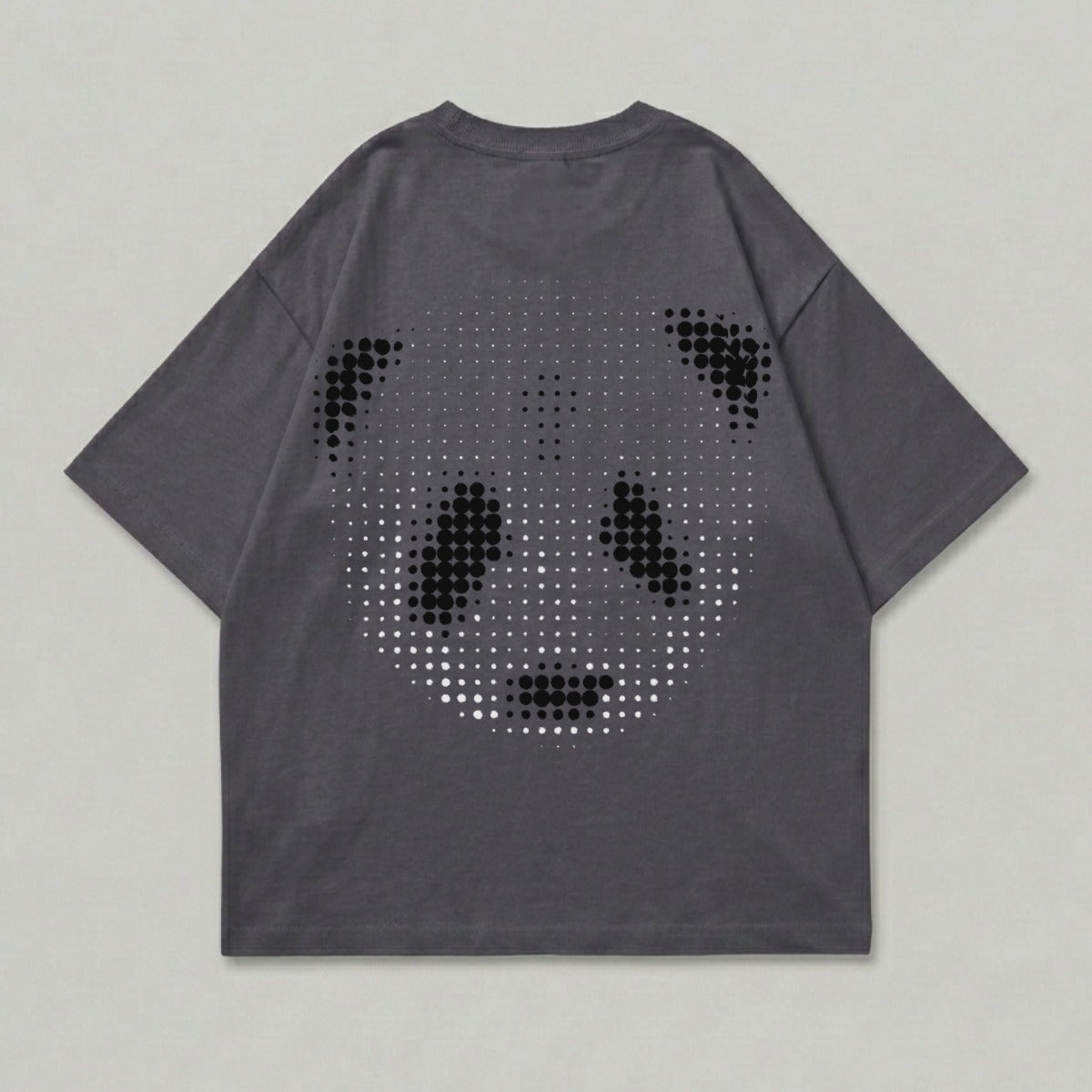 Dark grey t-shirt with a dotted panda face graphic on the back.