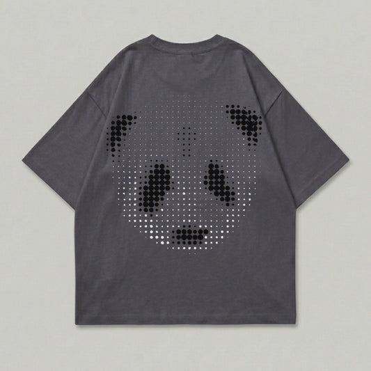 Dark grey t-shirt with a dotted panda face graphic on the back.