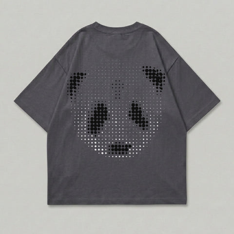 Dark grey t-shirt with a dotted panda face graphic on the back.