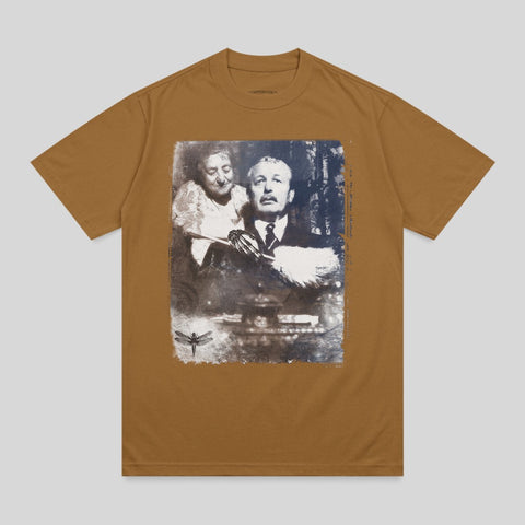 Brown t-shirt with a sepia-toned portrait of a man and woman with a dragonfly.