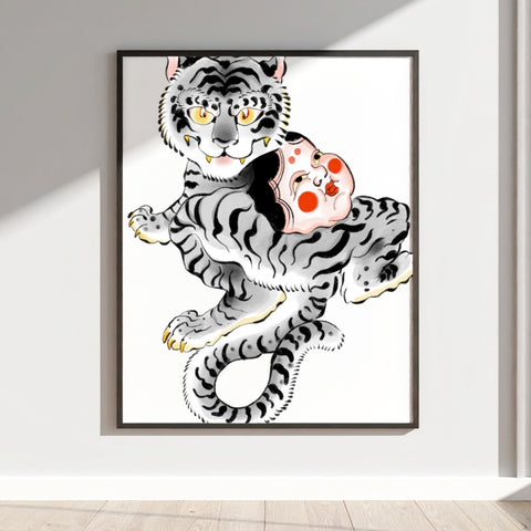 Traditional Tiger and Mask Artwork Display in Frame