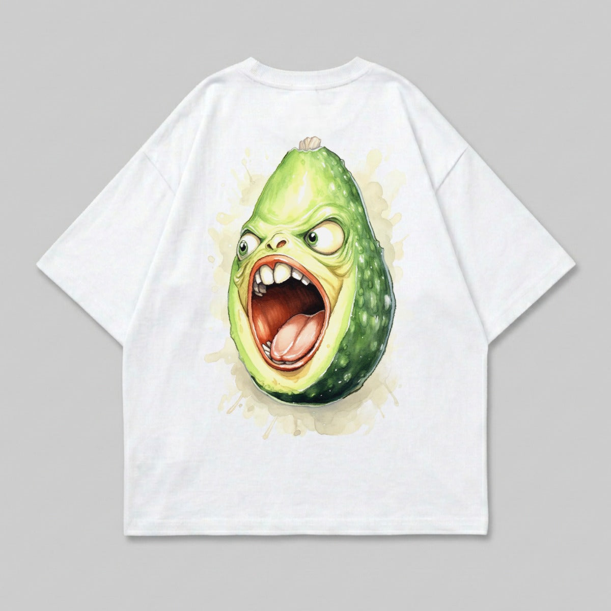 Cartoon avocado with wide eyes and open mouth on a white t-shirt.