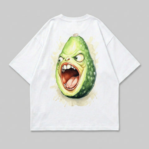 Cartoon avocado with wide eyes and open mouth on a white t-shirt.