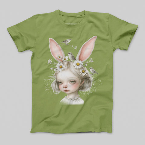 Cute Bunny Girl With Flowers and Birds T-shirt