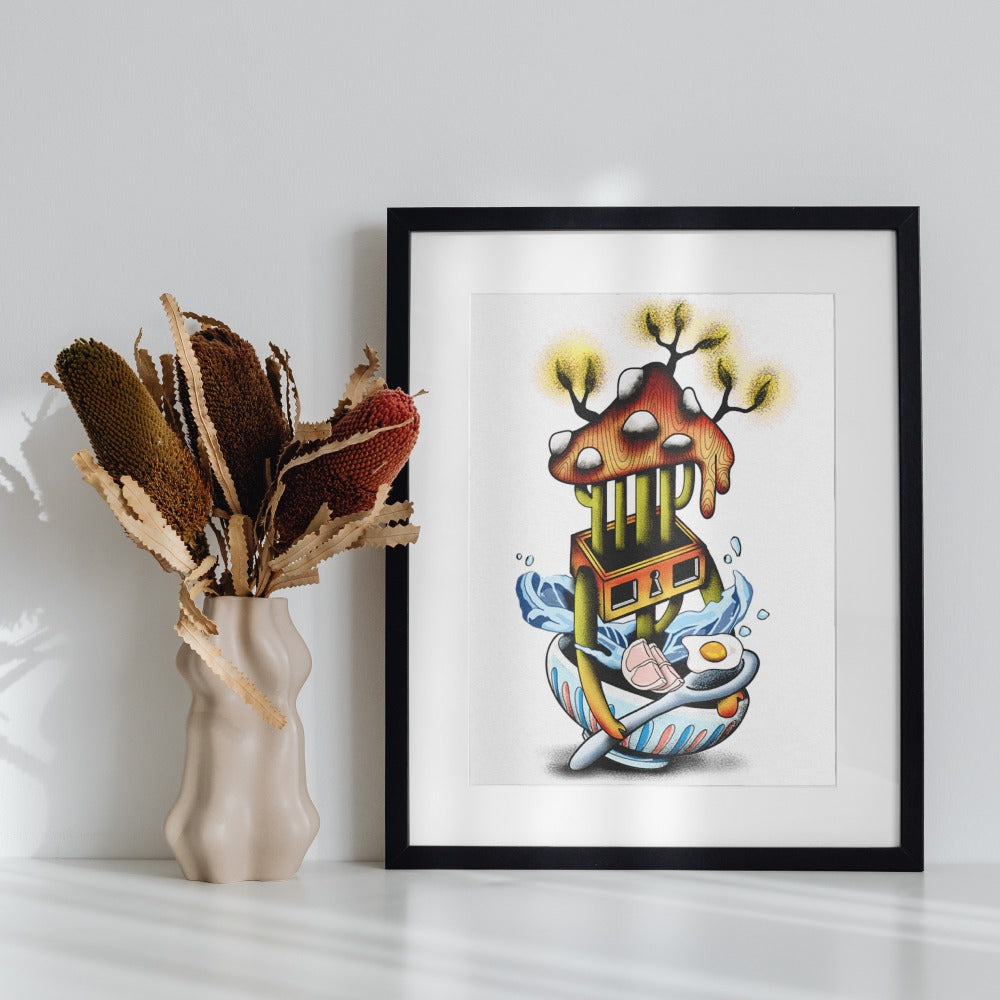 Quirky Mushroom House Illustration Framed Art Print