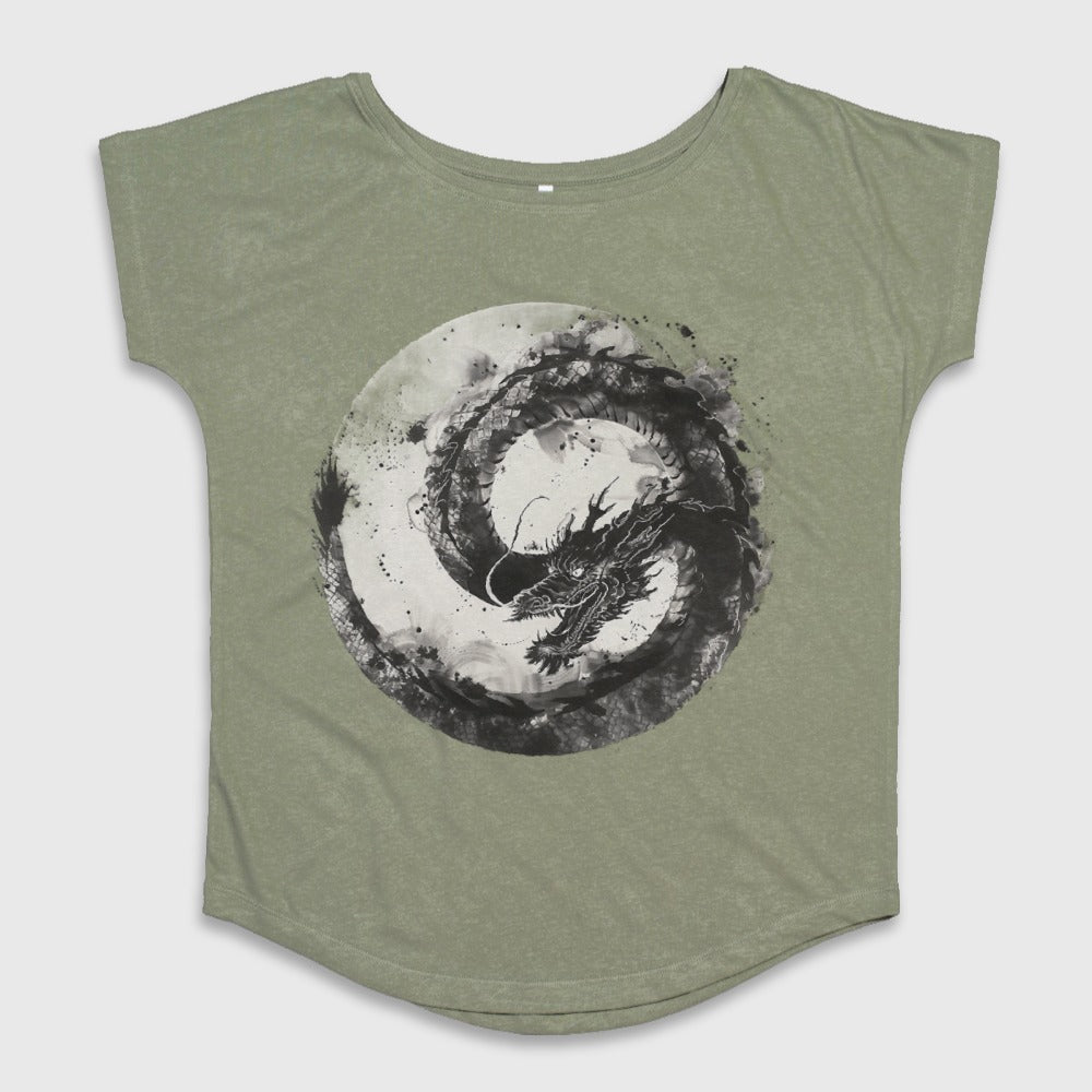 Artistic Dragon Circle Design On Olive Green Shirt