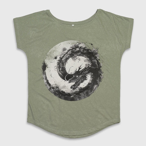 Artistic Dragon Circle Design On Olive Green Shirt