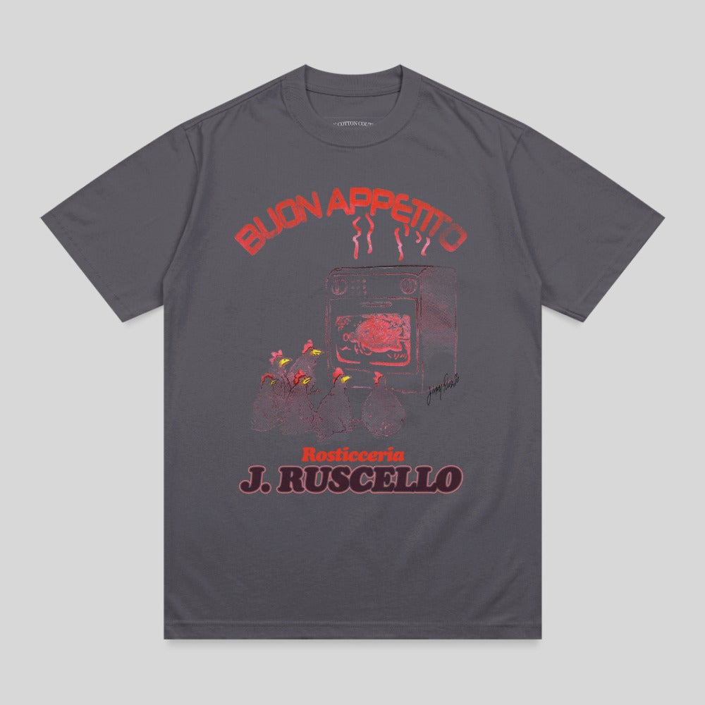 T-shirt with "BUON APPETITO" and rotisserie graphic.
