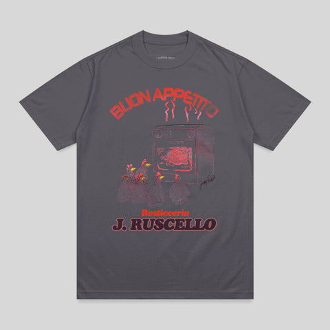 T-shirt with "BUON APPETITO" and rotisserie graphic.