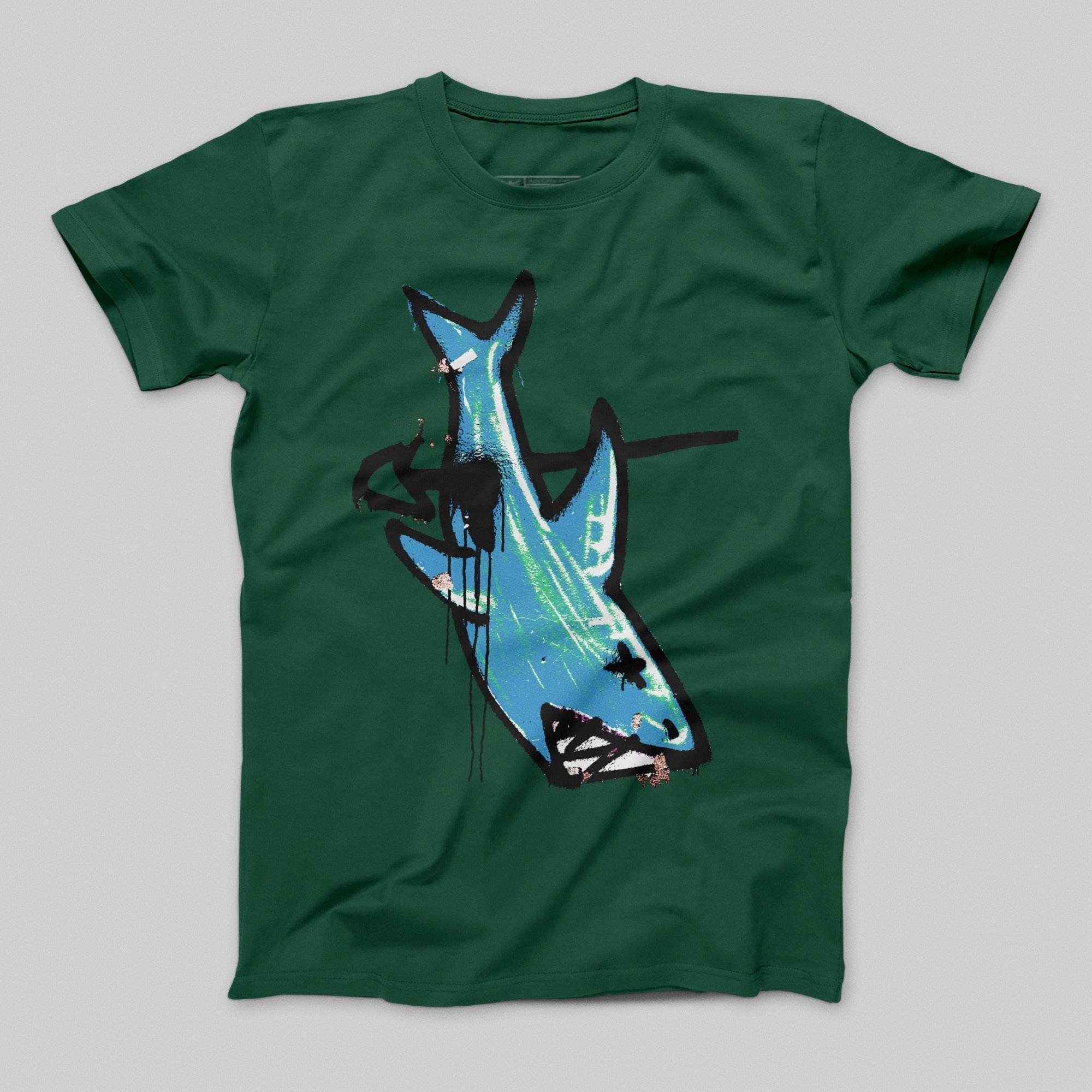 Green T-shirt with Blue Shark Graphic Design