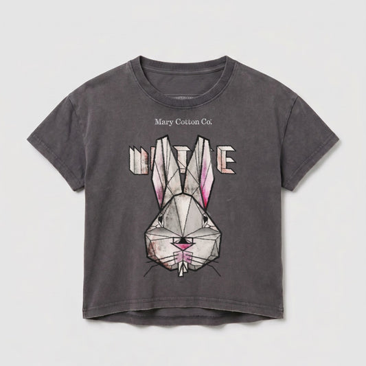 Dark grey t-shirt with geometric Bugs Bunny graphic and "Mary Cotton Co." text.