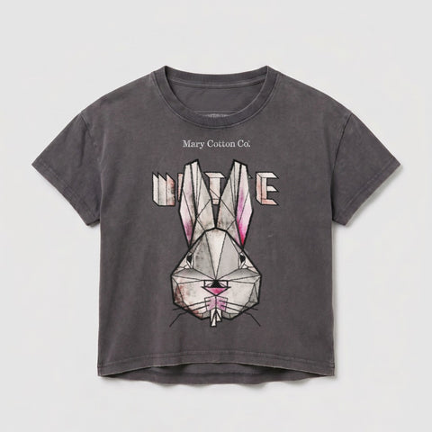 Dark grey t-shirt with geometric Bugs Bunny graphic and "Mary Cotton Co." text.