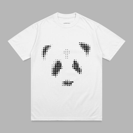 White t-shirt with a black dot-matrix panda face design.