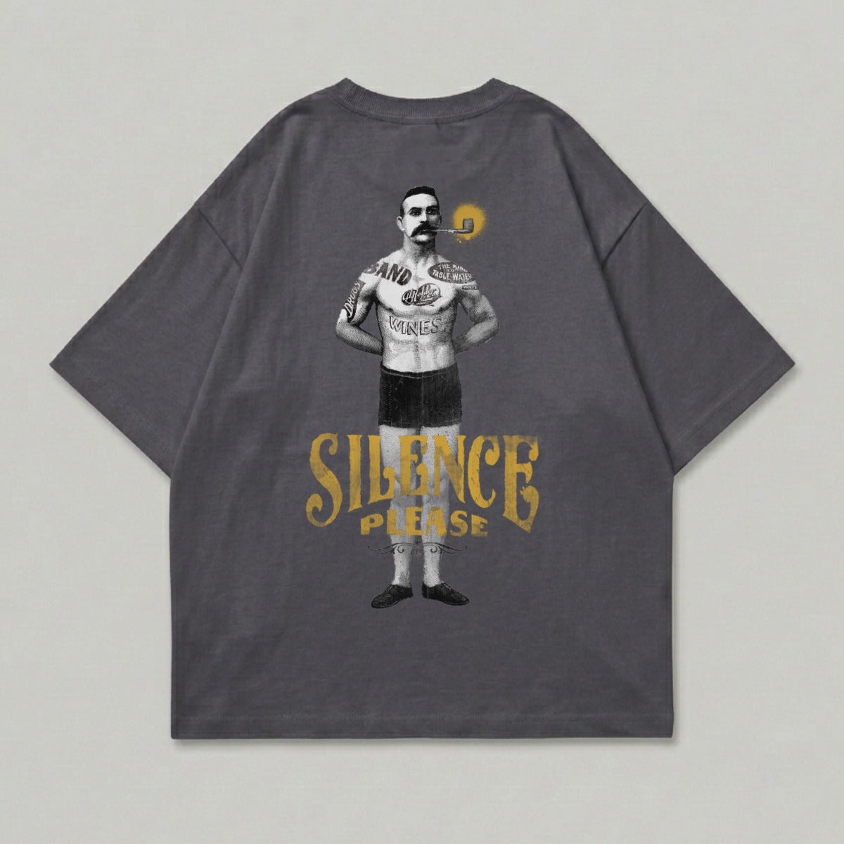 T-shirt with illustration of man smoking pipe and "SILENCE PLEASE" text.
