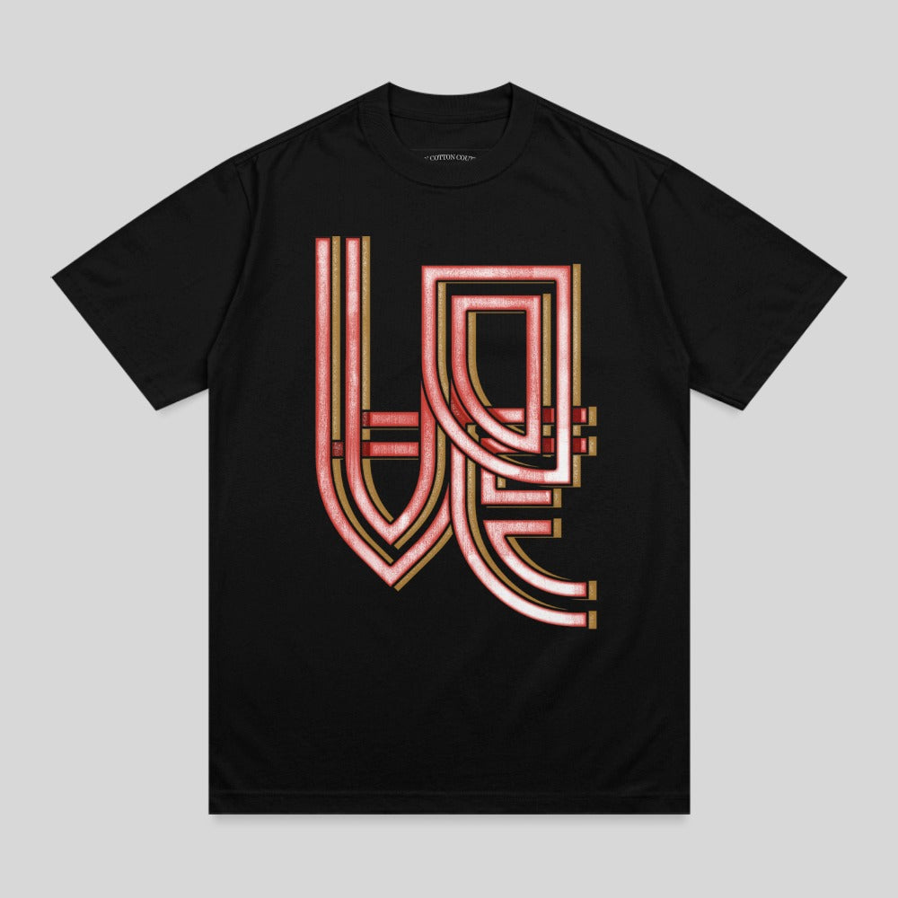 Black t-shirt with stylized pink and gold line art graphic.
