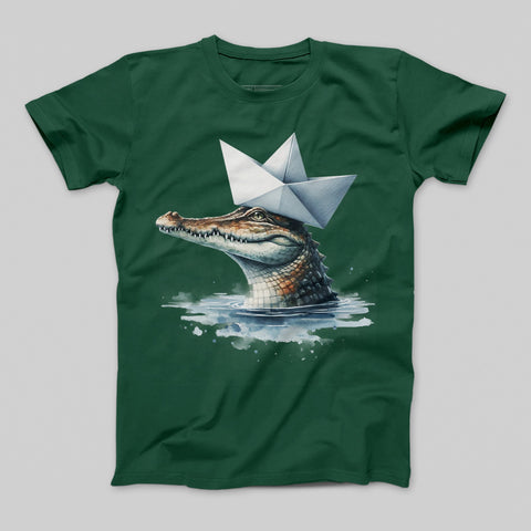 Crocodile with Paper Hat Green T-Shirt Apparel