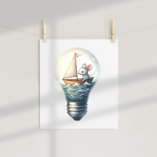 Mouse Sailing Boat in Lightbulb Art Print for Home Decor