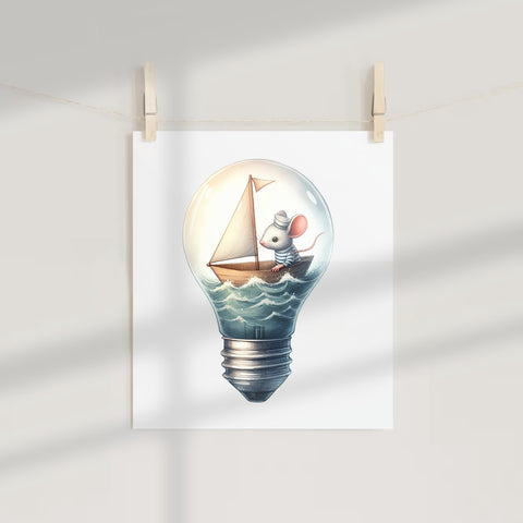Mouse Sailing Boat in Lightbulb Art Print for Home Decor