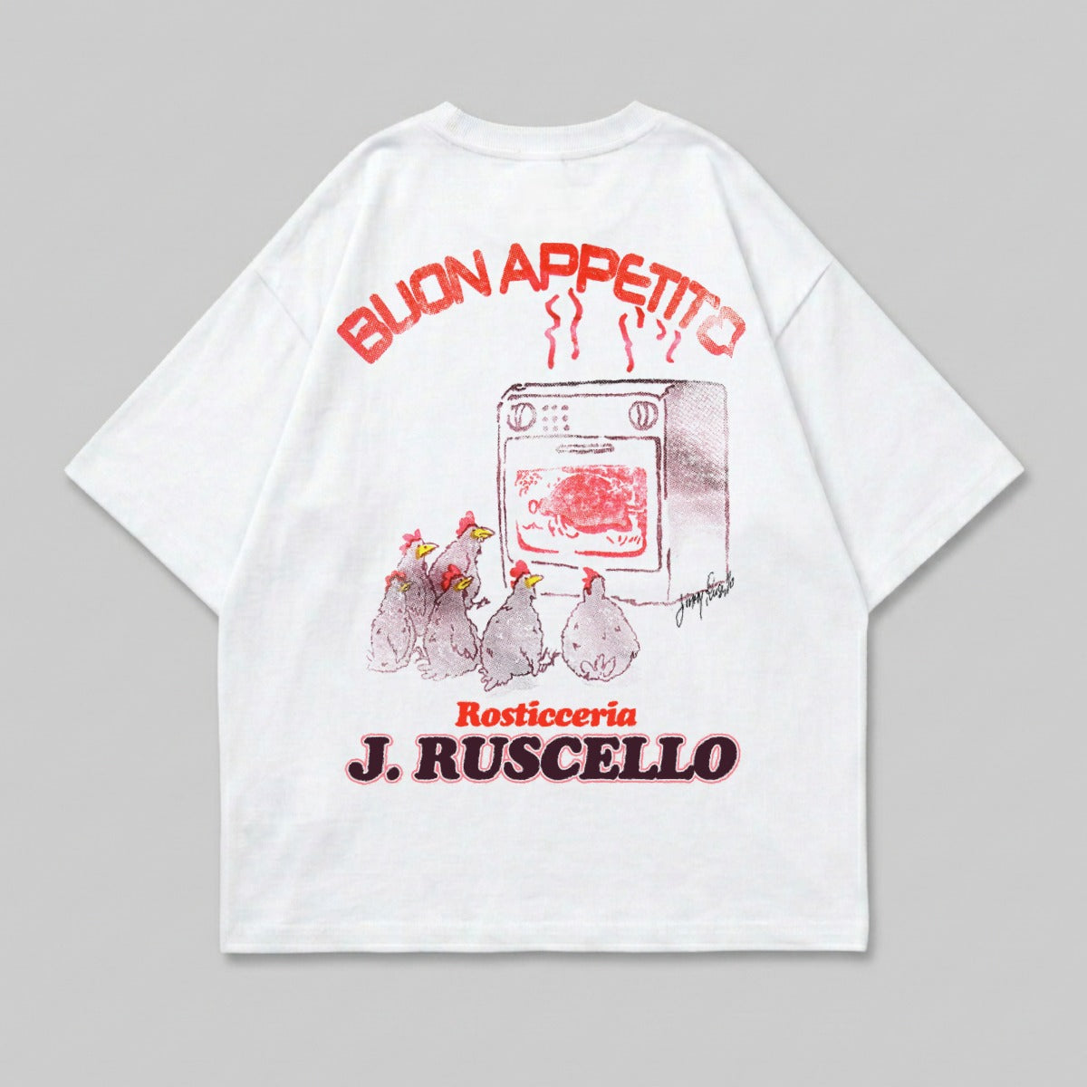 White t-shirt with cartoon chickens in front of an oven and "Buon Appetito" text.