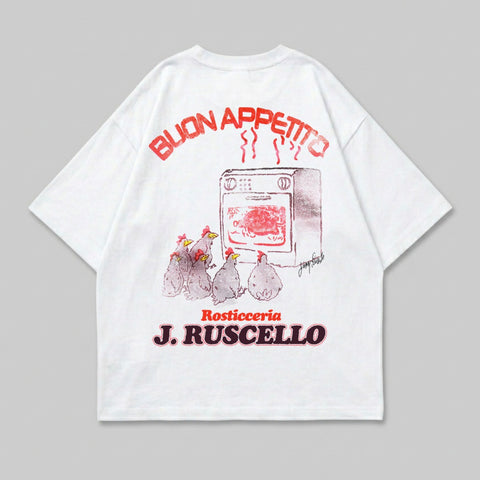 White t-shirt with cartoon chickens in front of an oven and "Buon Appetito" text.