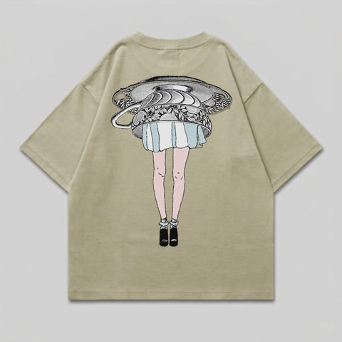 Khaki t-shirt with embroidered design of a woman's legs, teacup, and dress.