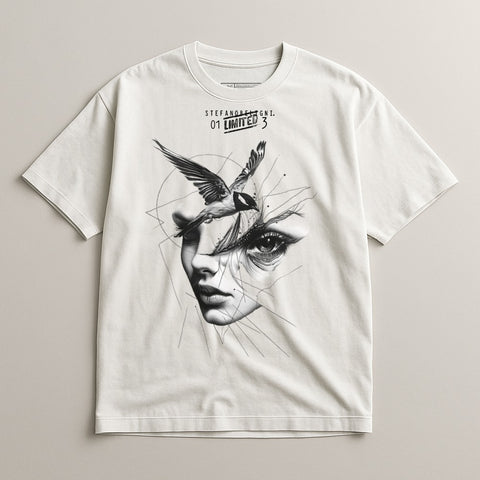 Artistic Face and Bird Print Graphic T-shirt