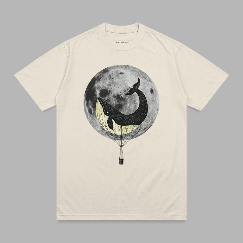 Whale in hot air balloon basket floating before a large full moon.