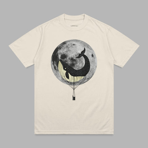 Whale in hot air balloon basket floating before a large full moon.