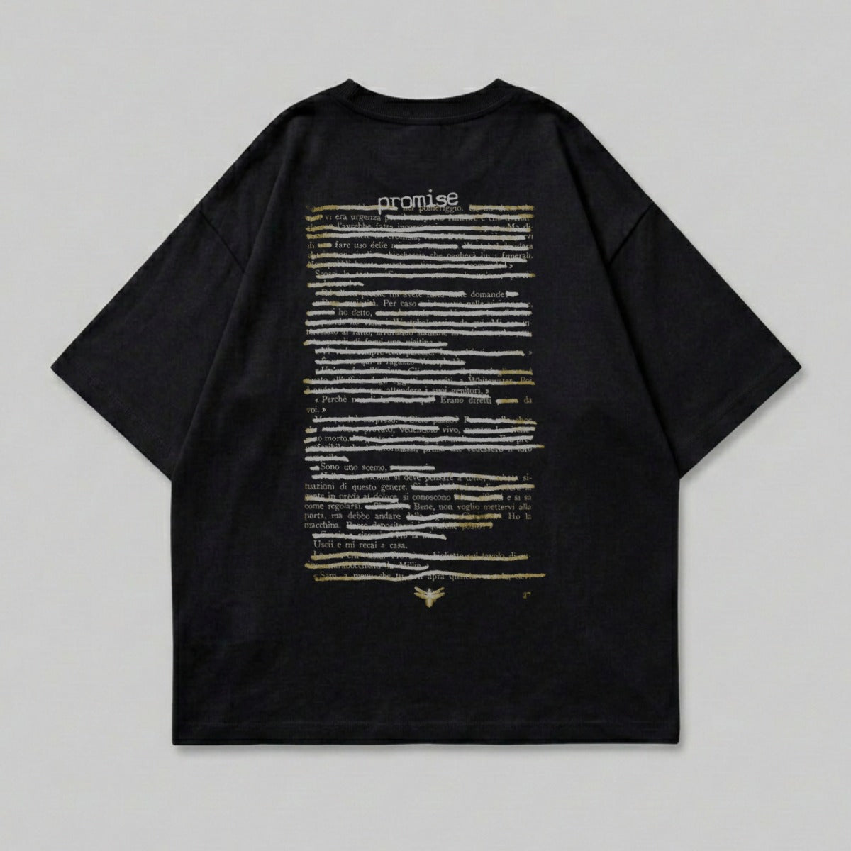 Black t-shirt with "promise" and dense text in white and gold.