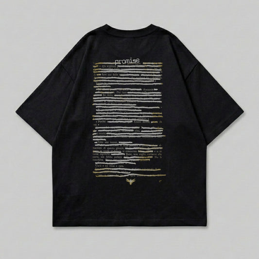 Black t-shirt with "promise" and dense text in white and gold.
