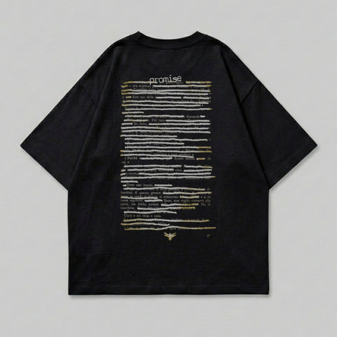 Black t-shirt with "promise" and dense text in white and gold.