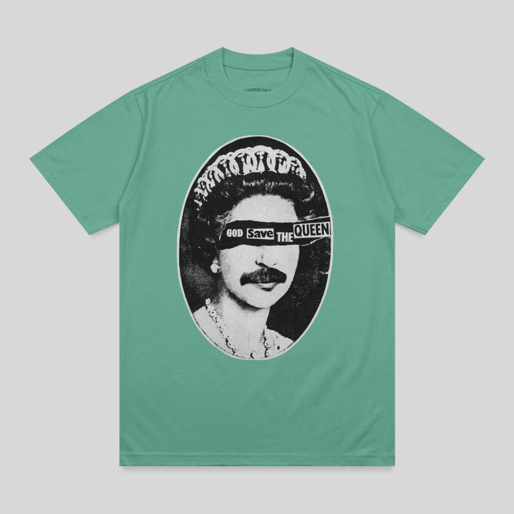 Queen Elizabeth with a mustache and censored eyes, text reads "GOD SAVE THE QUEEN".