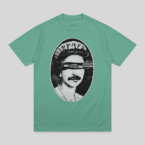 Queen Elizabeth with a mustache and censored eyes, text reads "GOD SAVE THE QUEEN".