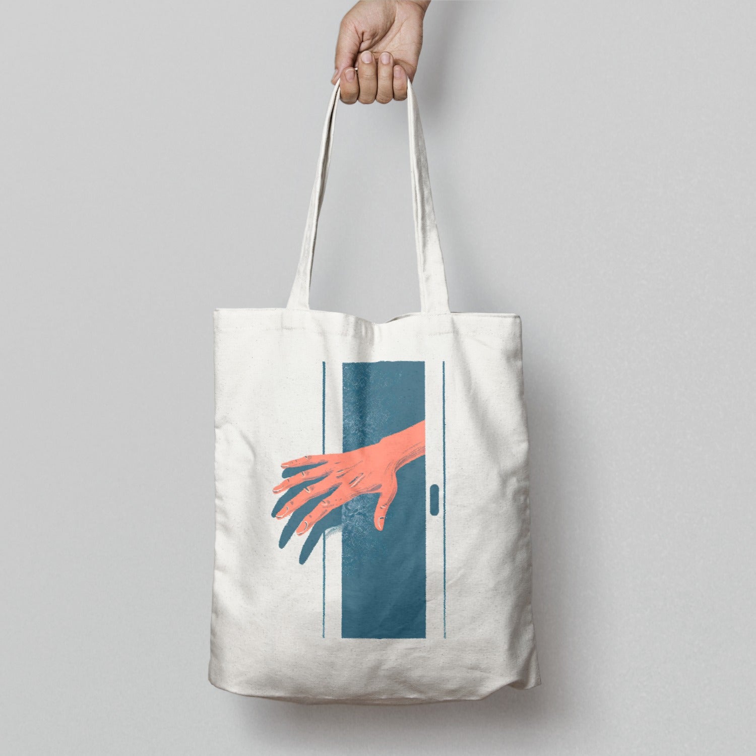 Artistic Hand Reaching Through Door Print Tote Bag